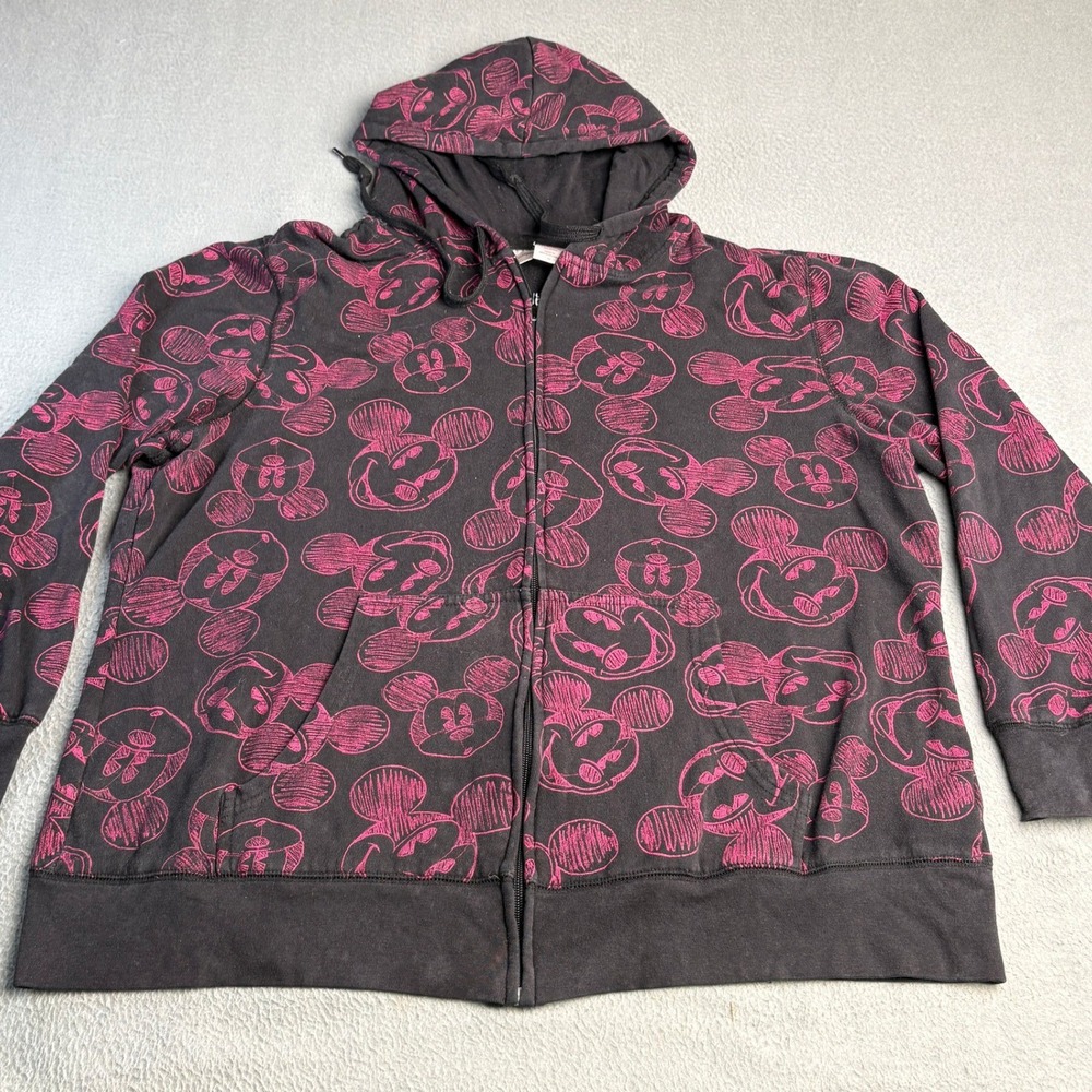 Disney Mickey Mouse Pink Sketch All Over Print Full Zip Hoodie Black 1X